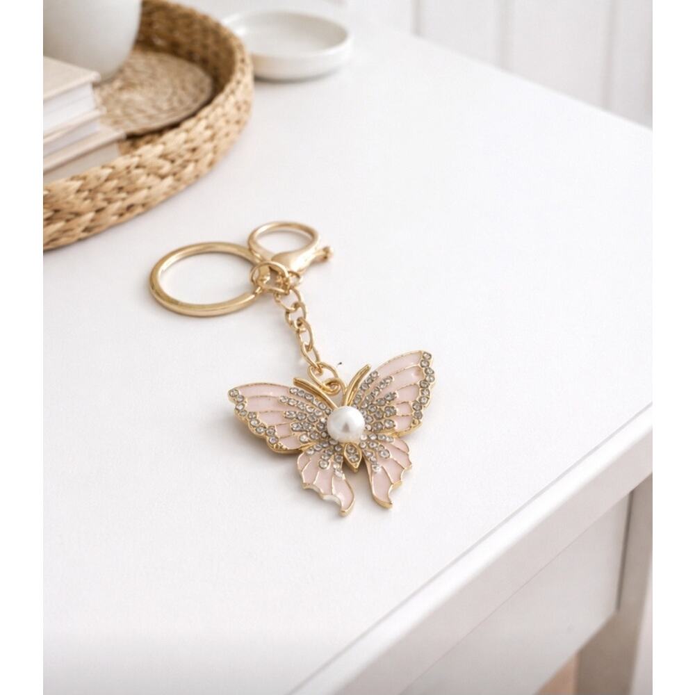 Gold Pink Pearl Butterfly Bag Charm Key Chain New